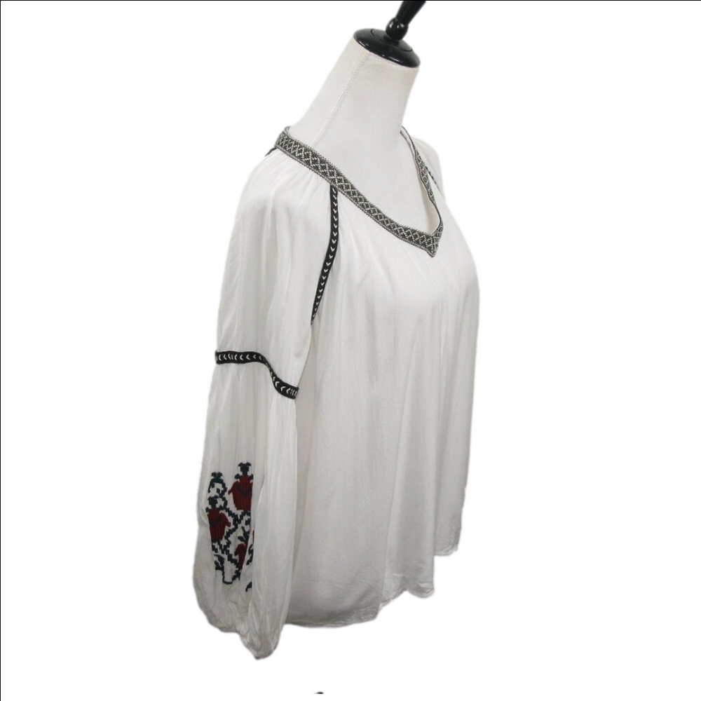 Blue Rain White Patterned Sleeve Boho Blouse Size… - image 1